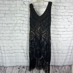 Flapper dress sleeveless sequins beaded black size medium